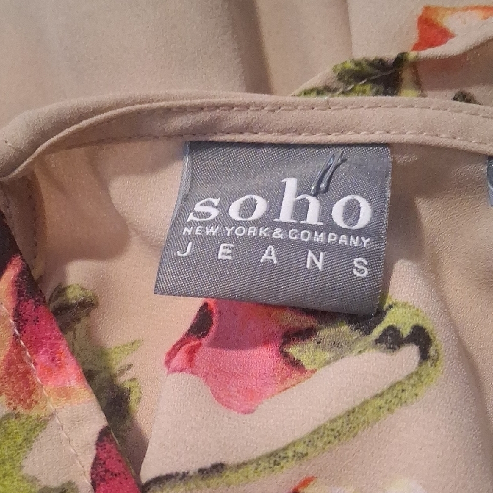 Soho Jeans Floral V-Neck Blouse Cream Pink Orange XL Boho - Picture 6 of 10